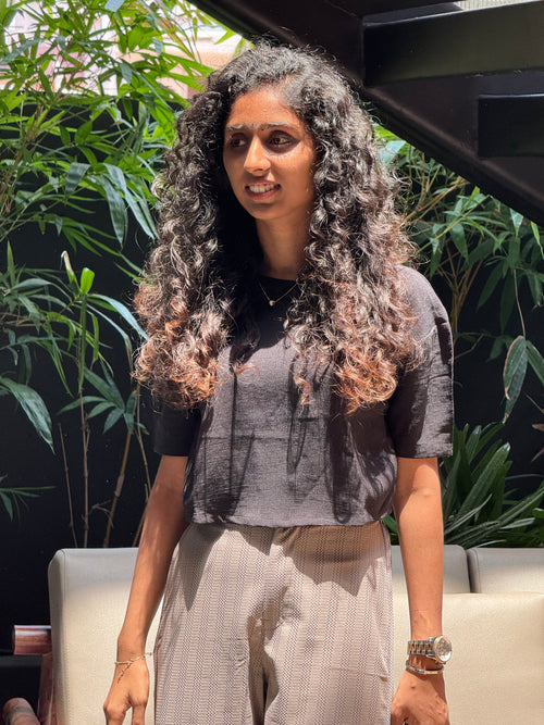 Black Crop Top with Beige Formal Pant