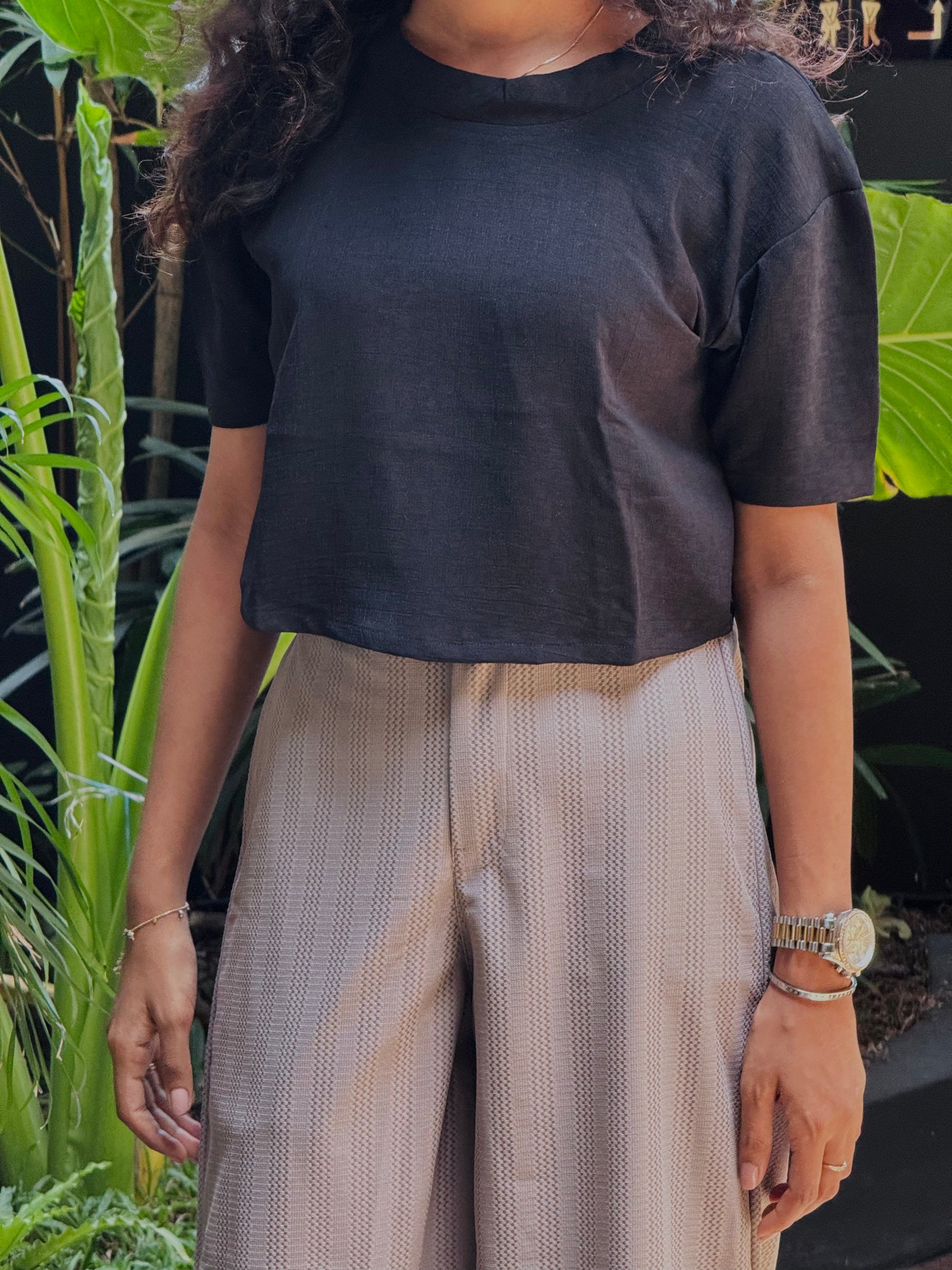 Black Crop Top with Beige Formal Pant