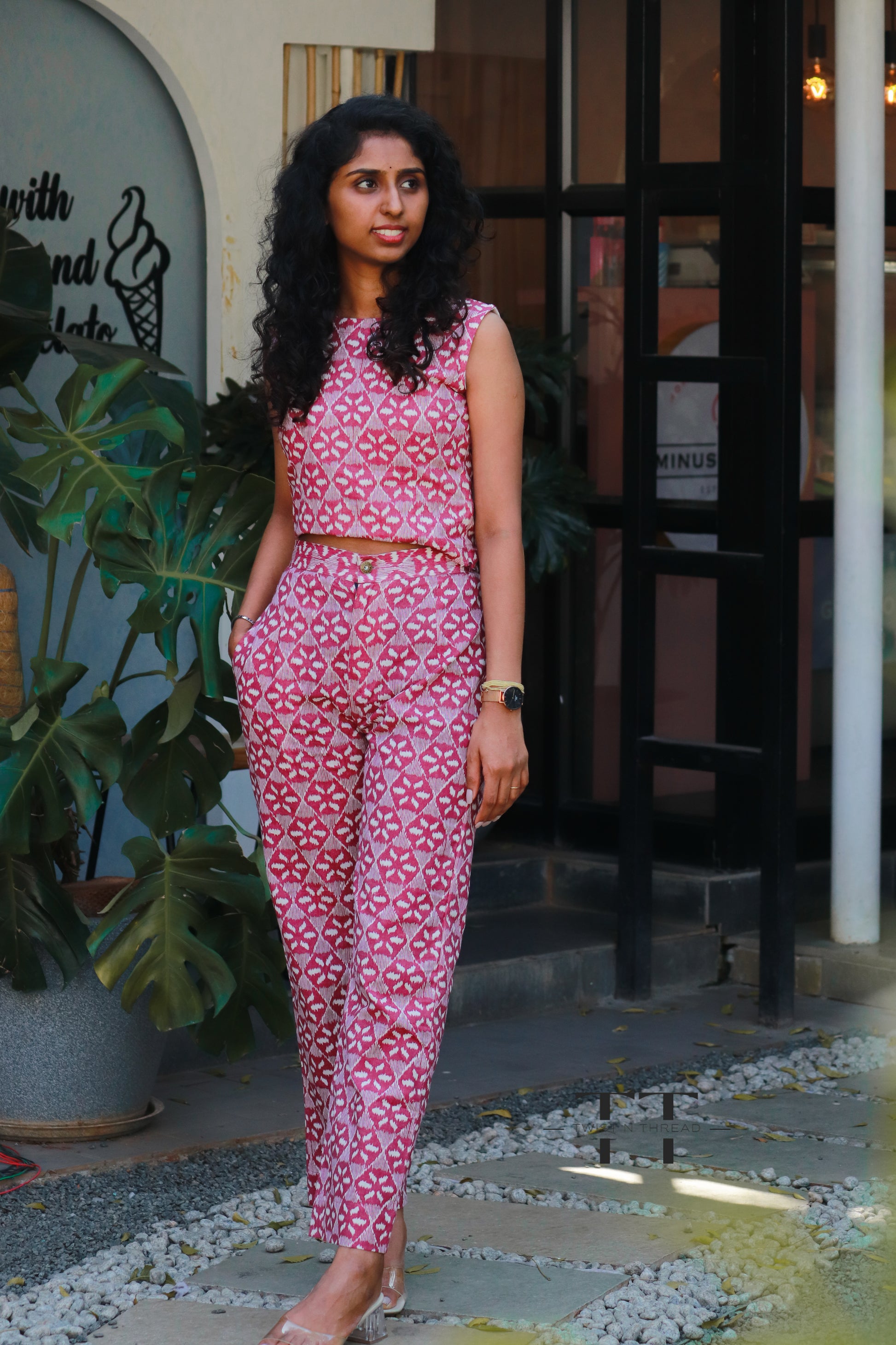 Magenta cotton crop top and pant set