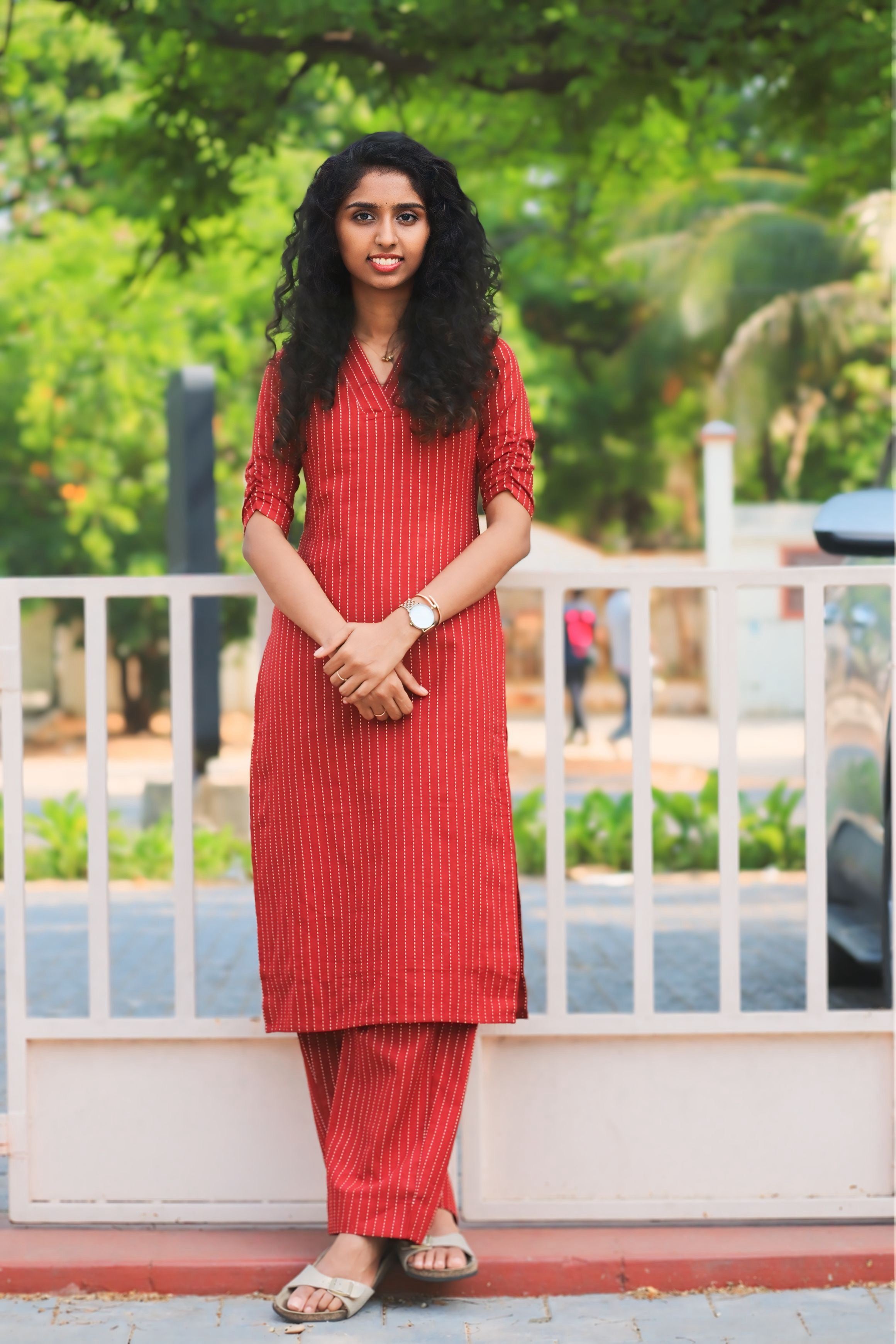 Red Handloom Stripes Kurta set